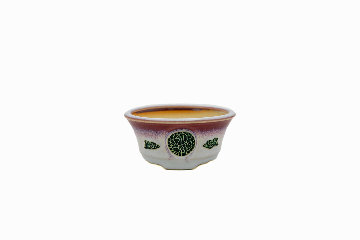 Small Round Biko Kiln Japanese Bonsai Pot – Two-Tone White Glaze with Crane Medallion, Chop and Nail Signed