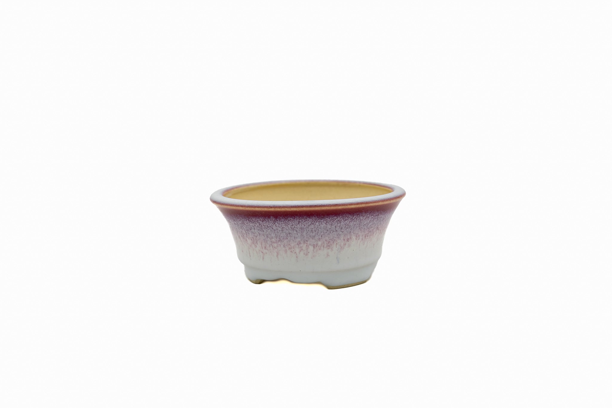 Small Round Biko Kiln Japanese Bonsai Pot – Two-Tone White Glaze with Crane Medallion, Chop and Nail Signed