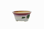 Small Round Biko Kiln Japanese Bonsai Pot – Two-Tone White Glaze with Crane Medallion, Chop and Nail Signed