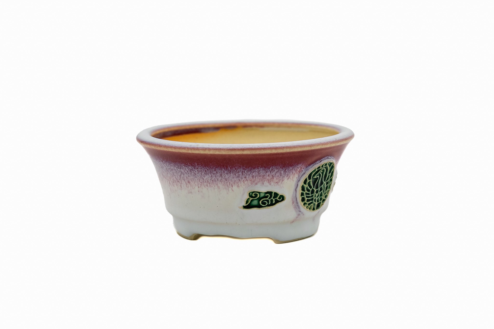 Small Round Biko Kiln Japanese Bonsai Pot – Two-Tone White Glaze with Crane Medallion, Chop and Nail Signed