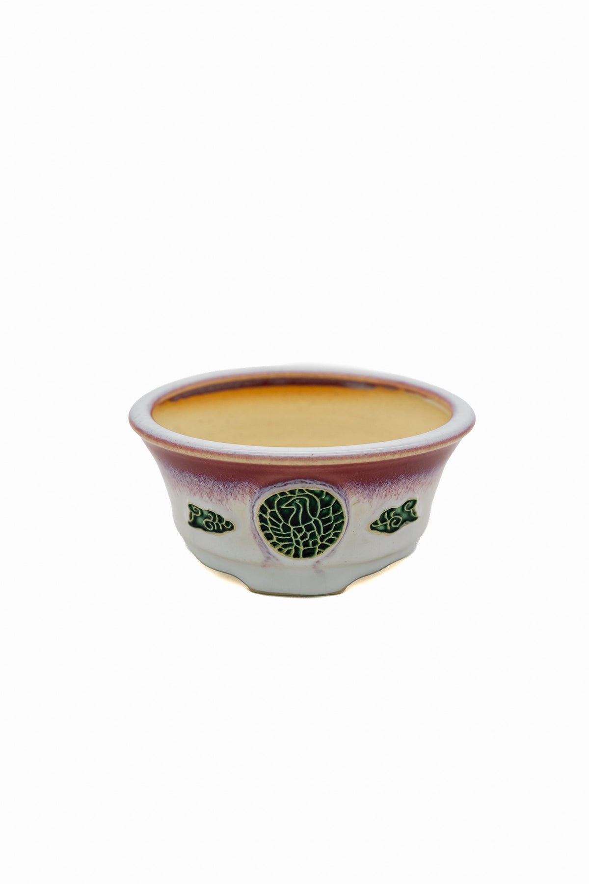 Small Round Biko Kiln Japanese Bonsai Pot – Two-Tone White Glaze with Crane Medallion, Chop and Nail Signed