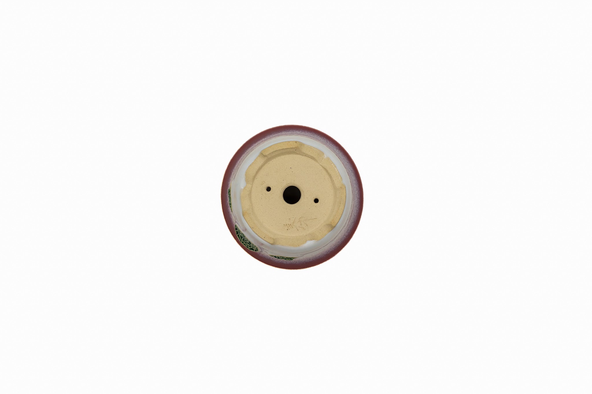Small Round Biko Kiln Japanese Bonsai Pot – Two-Tone White Glaze with Crane Medallion, Chop and Nail Signed
