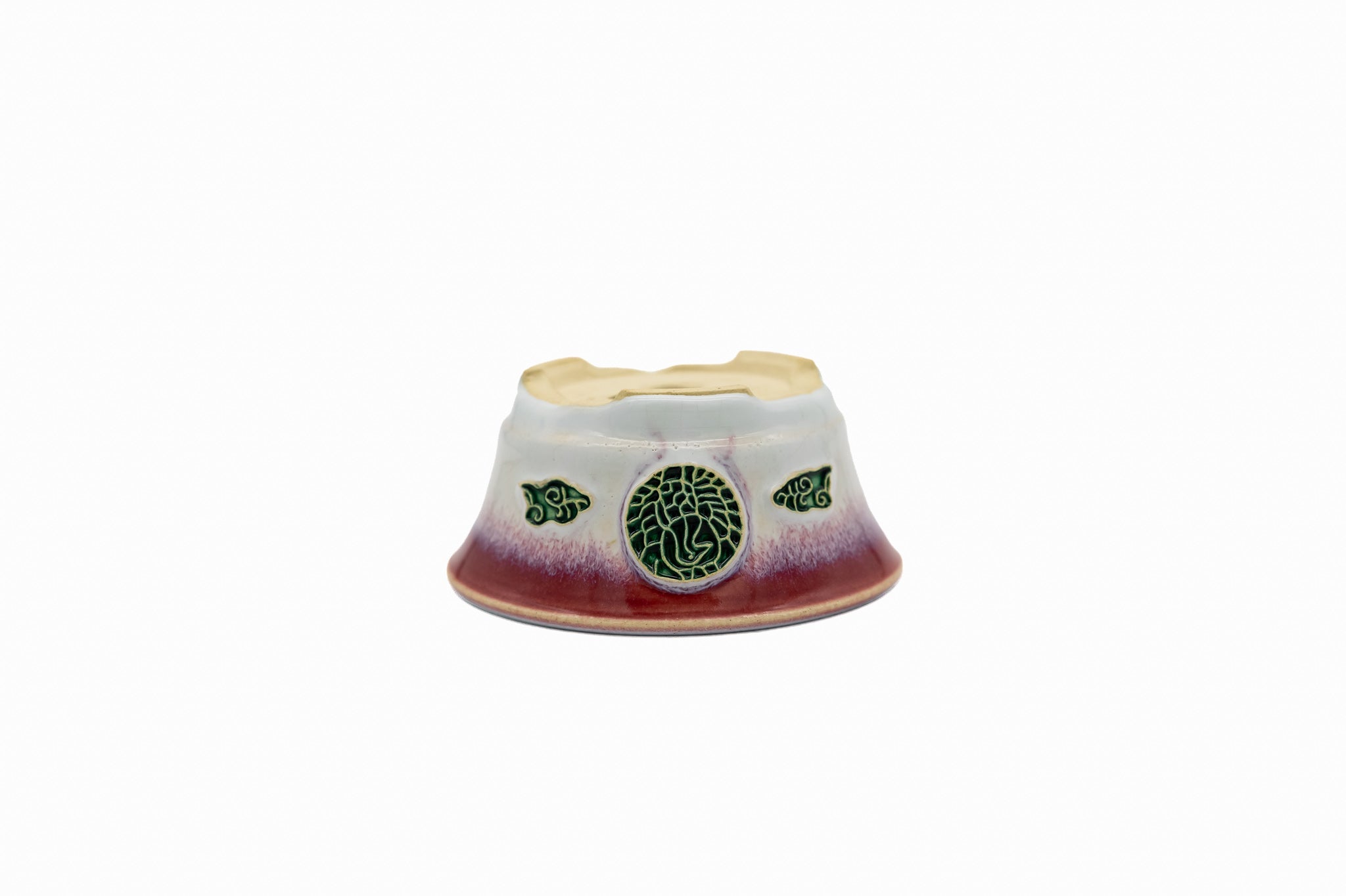 Small Round Biko Kiln Japanese Bonsai Pot – Two-Tone White Glaze with Crane Medallion, Chop and Nail Signed