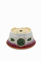 Small Round Biko Kiln Japanese Bonsai Pot – Two-Tone White Glaze with Crane Medallion, Chop and Nail Signed