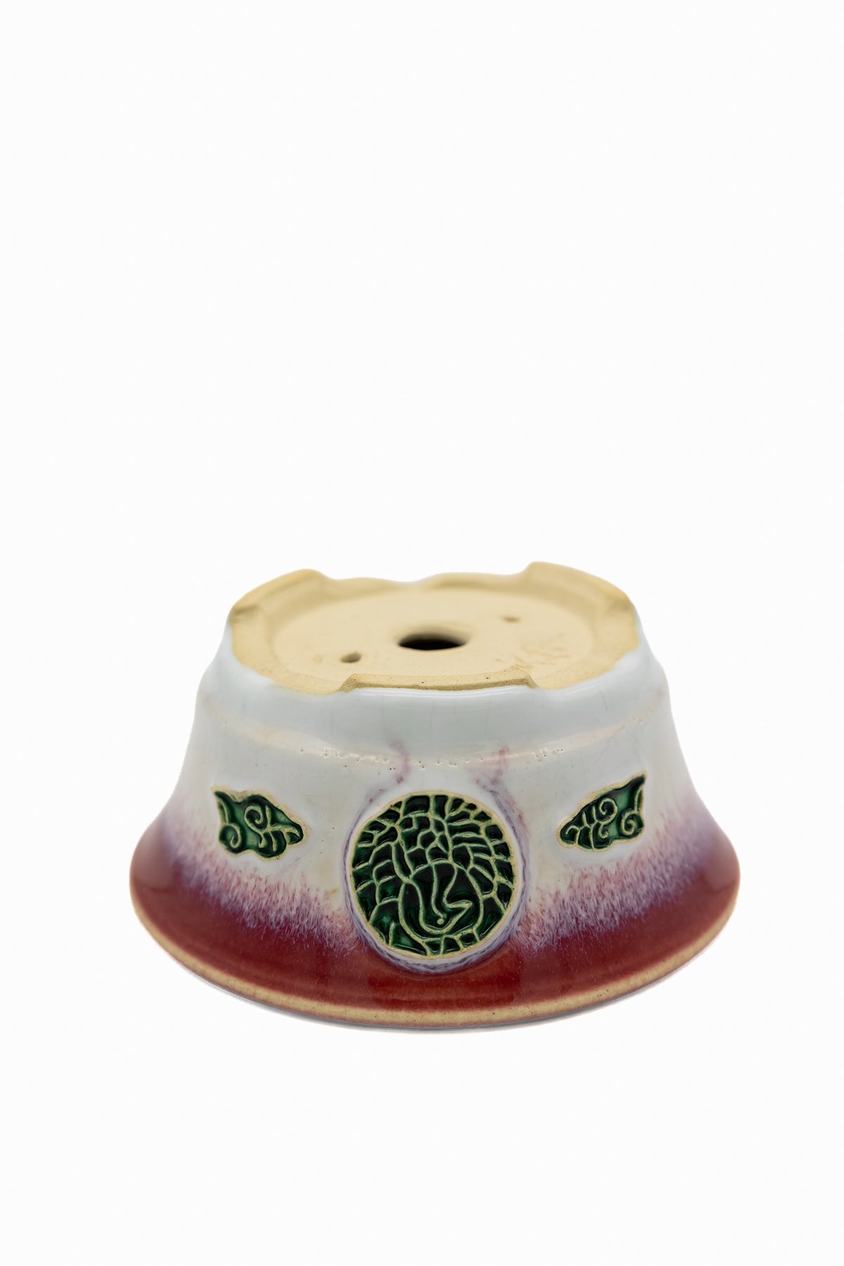 Small Round Biko Kiln Japanese Bonsai Pot – Two-Tone White Glaze with Crane Medallion, Chop and Nail Signed