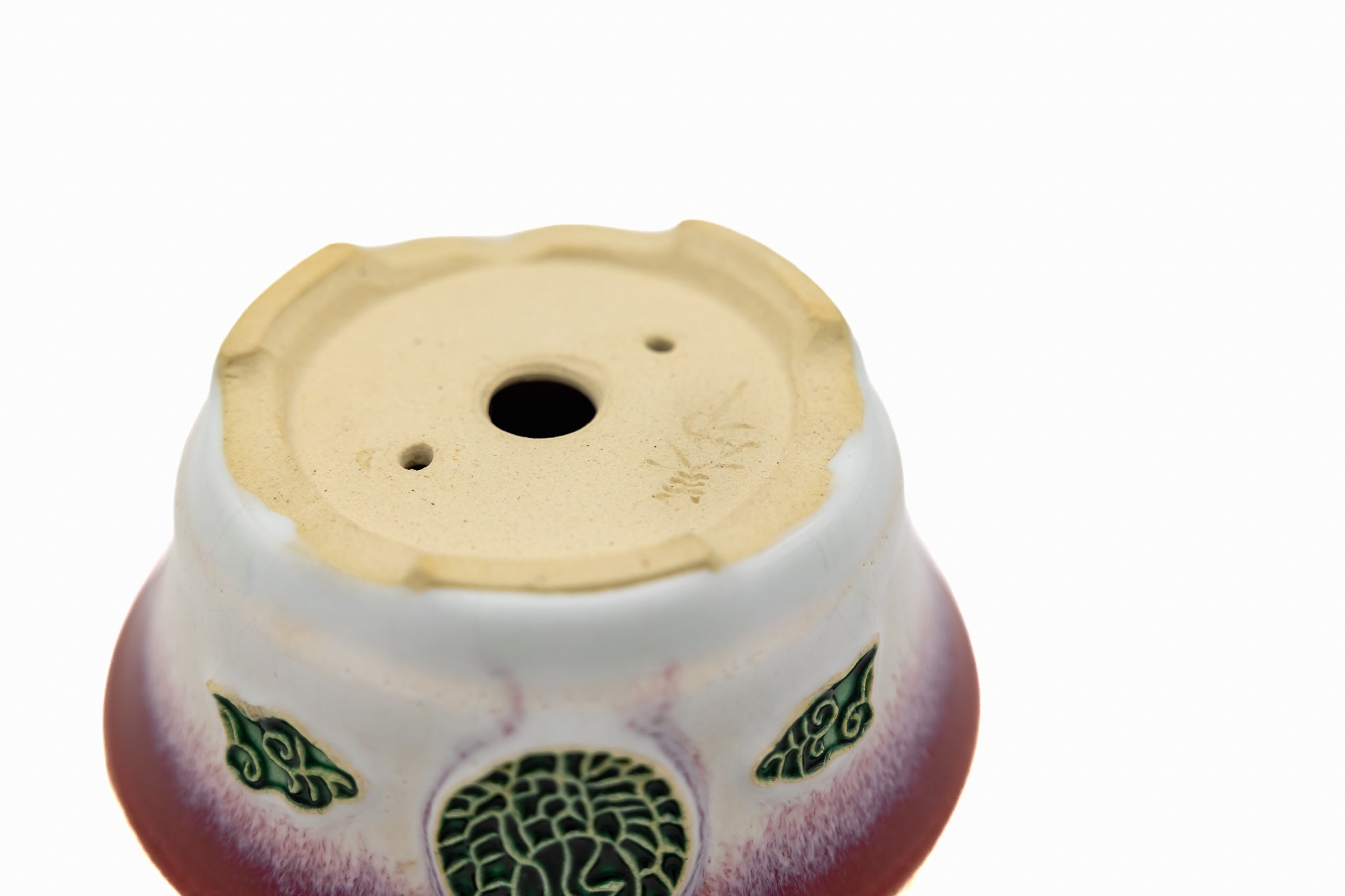 Small Round Biko Kiln Japanese Bonsai Pot – Two-Tone White Glaze with Crane Medallion, Chop and Nail Signed