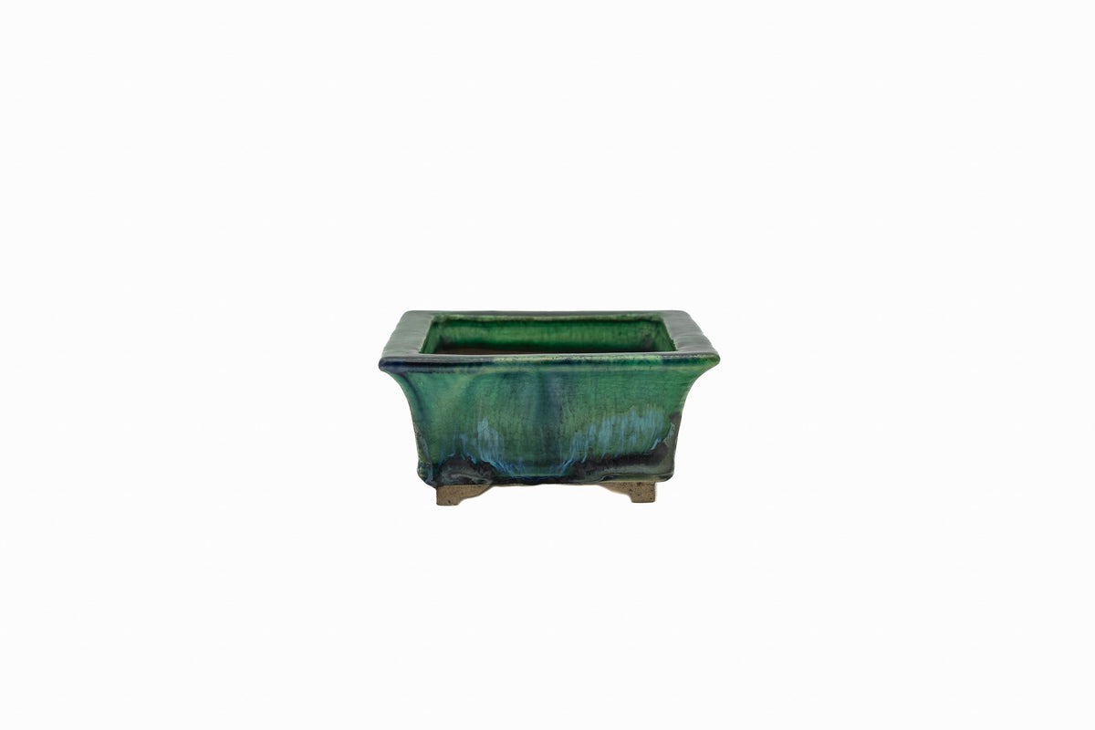 Small Rectangular Green Bushuan Japanese Bonsai Pot #561– Heavy Drip Glaze, Flared Rim, Precision Cut Feet, Deep Color