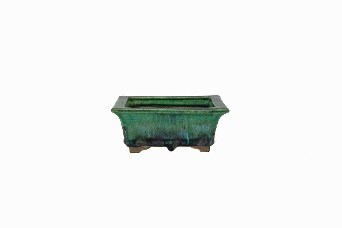 Small Rectangular Green Bushuan Japanese Bonsai Pot #561– Heavy Drip Glaze, Flared Rim, Precision Cut Feet, Deep Color