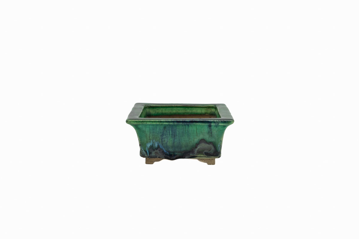 Small Rectangular Green Bushuan Japanese Bonsai Pot #561– Heavy Drip Glaze, Flared Rim, Precision Cut Feet, Deep Color