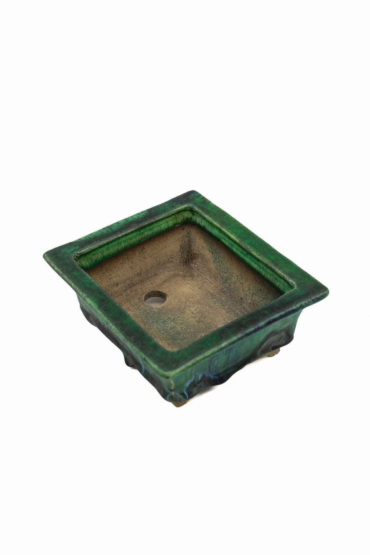 Small Rectangular Green Bushuan Japanese Bonsai Pot #561– Heavy Drip Glaze, Flared Rim, Precision Cut Feet, Deep Color
