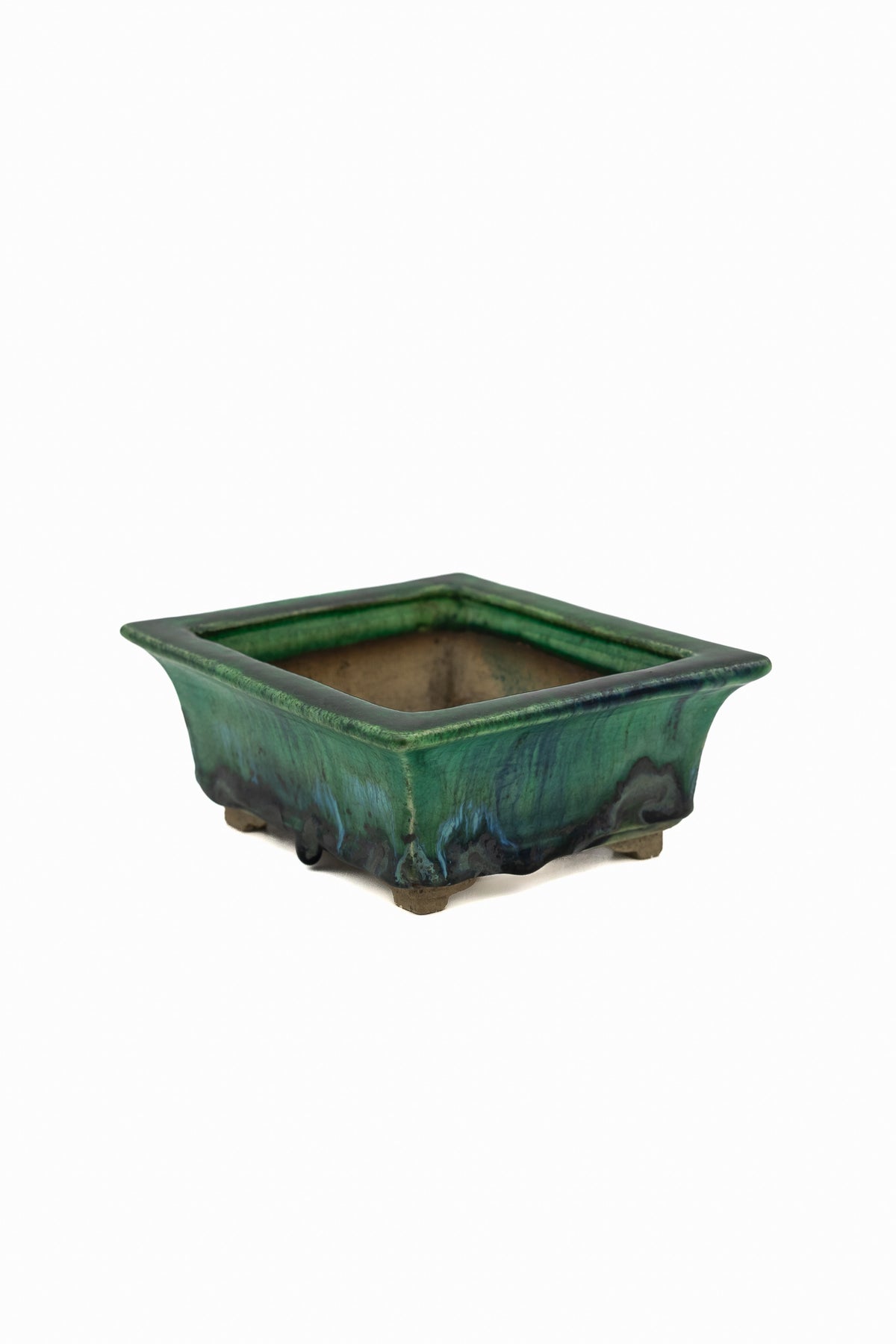 Small Rectangular Green Bushuan Japanese Bonsai Pot #561– Heavy Drip Glaze, Flared Rim, Precision Cut Feet, Deep Color
