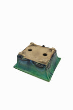 Small Rectangular Green Bushuan Japanese Bonsai Pot #561– Heavy Drip Glaze, Flared Rim, Precision Cut Feet, Deep Color