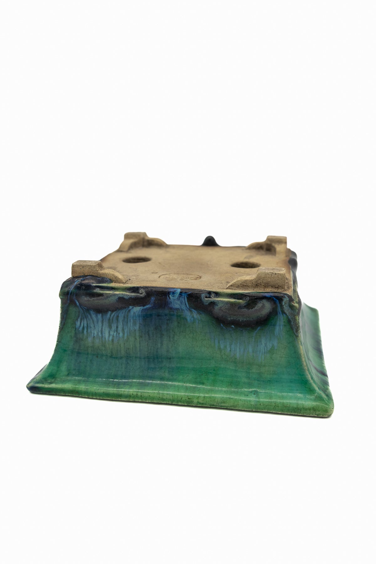 Small Rectangular Green Bushuan Japanese Bonsai Pot #561– Heavy Drip Glaze, Flared Rim, Precision Cut Feet, Deep Color
