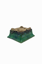 Small Rectangular Green Bushuan Japanese Bonsai Pot #561– Heavy Drip Glaze, Flared Rim, Precision Cut Feet, Deep Color