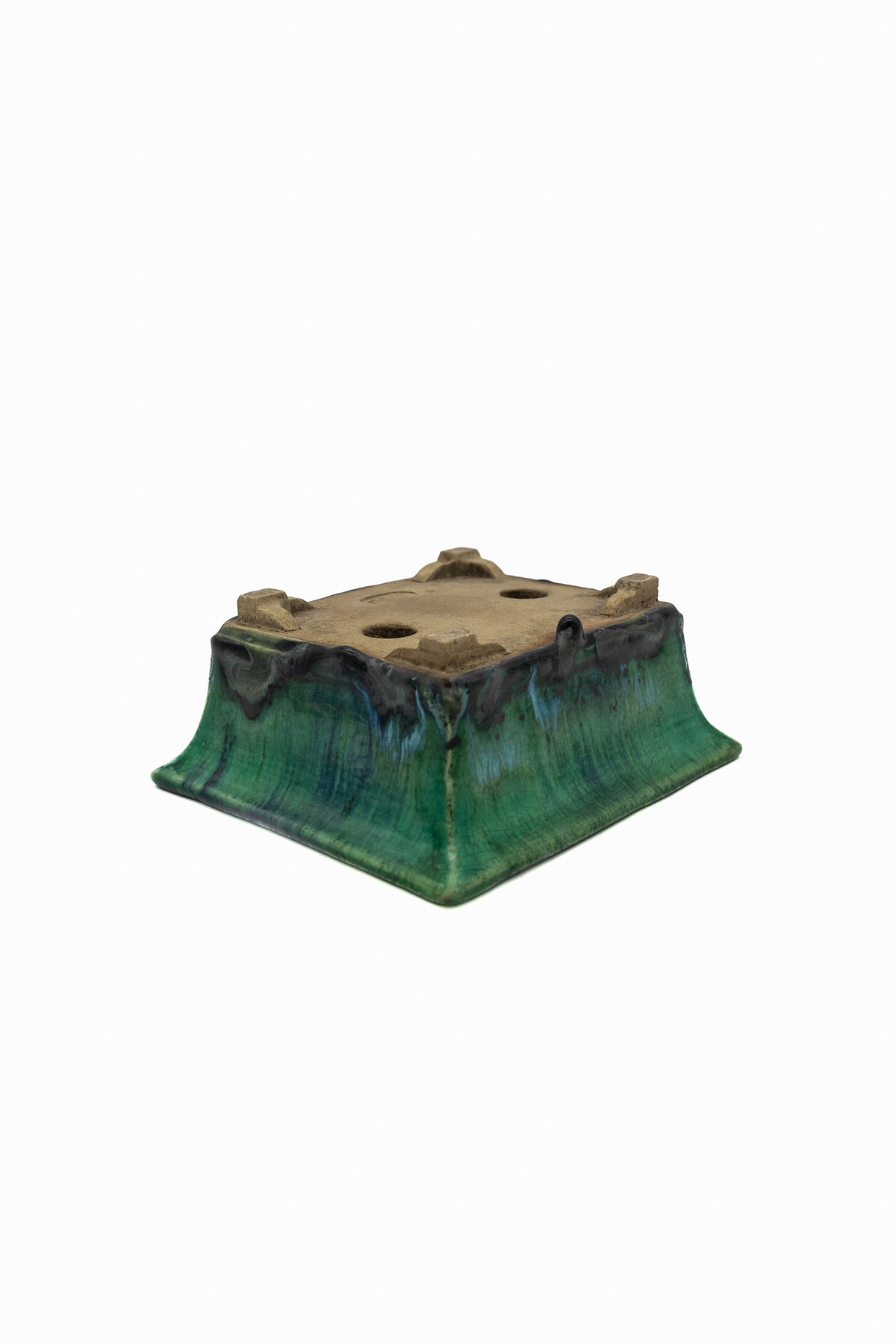 Small Rectangular Green Bushuan Japanese Bonsai Pot #561– Heavy Drip Glaze, Flared Rim, Precision Cut Feet, Deep Color