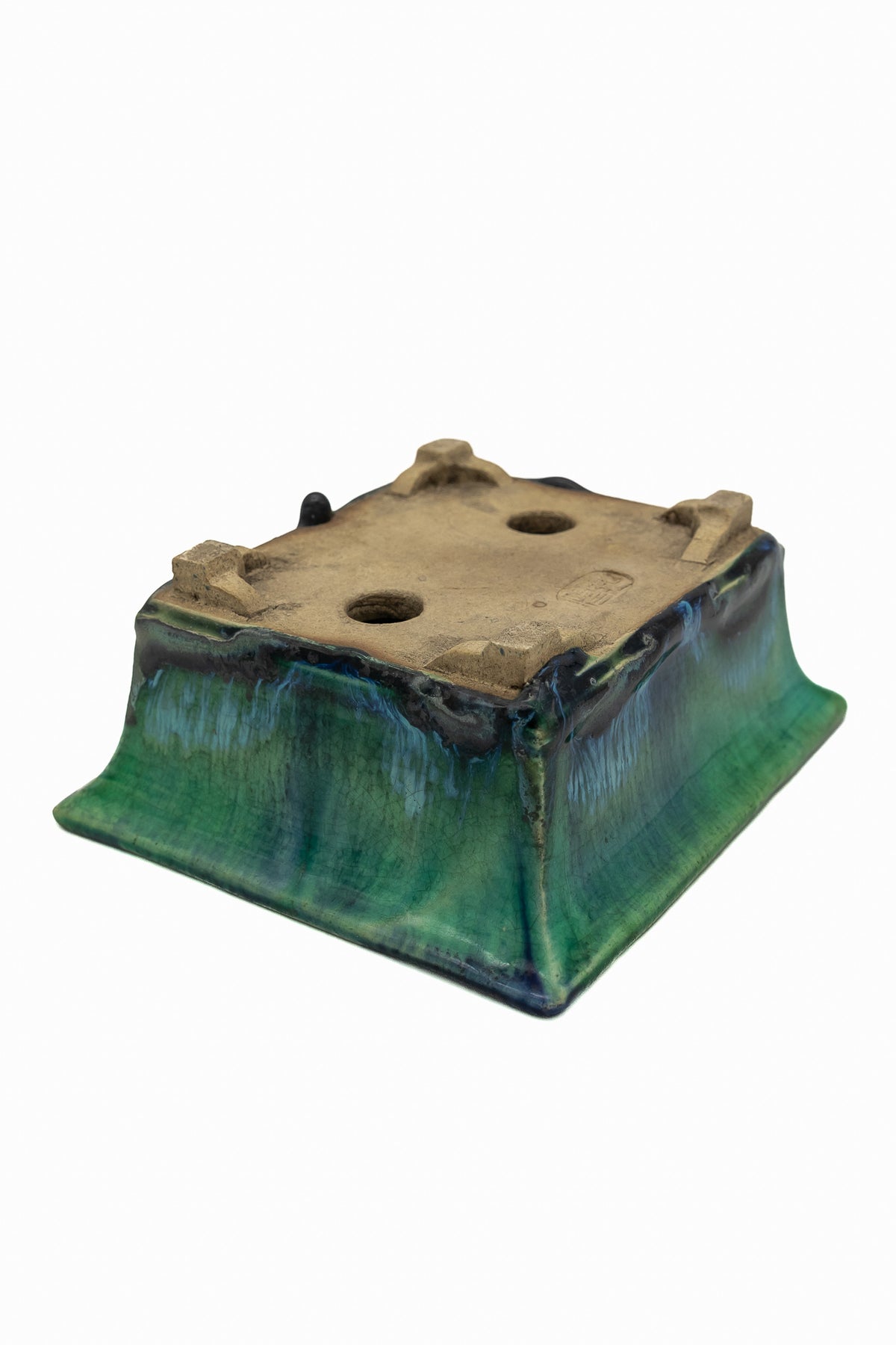 Small Rectangular Green Bushuan Japanese Bonsai Pot #561– Heavy Drip Glaze, Flared Rim, Precision Cut Feet, Deep Color