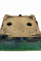 Small Rectangular Green Bushuan Japanese Bonsai Pot #561– Heavy Drip Glaze, Flared Rim, Precision Cut Feet, Deep Color