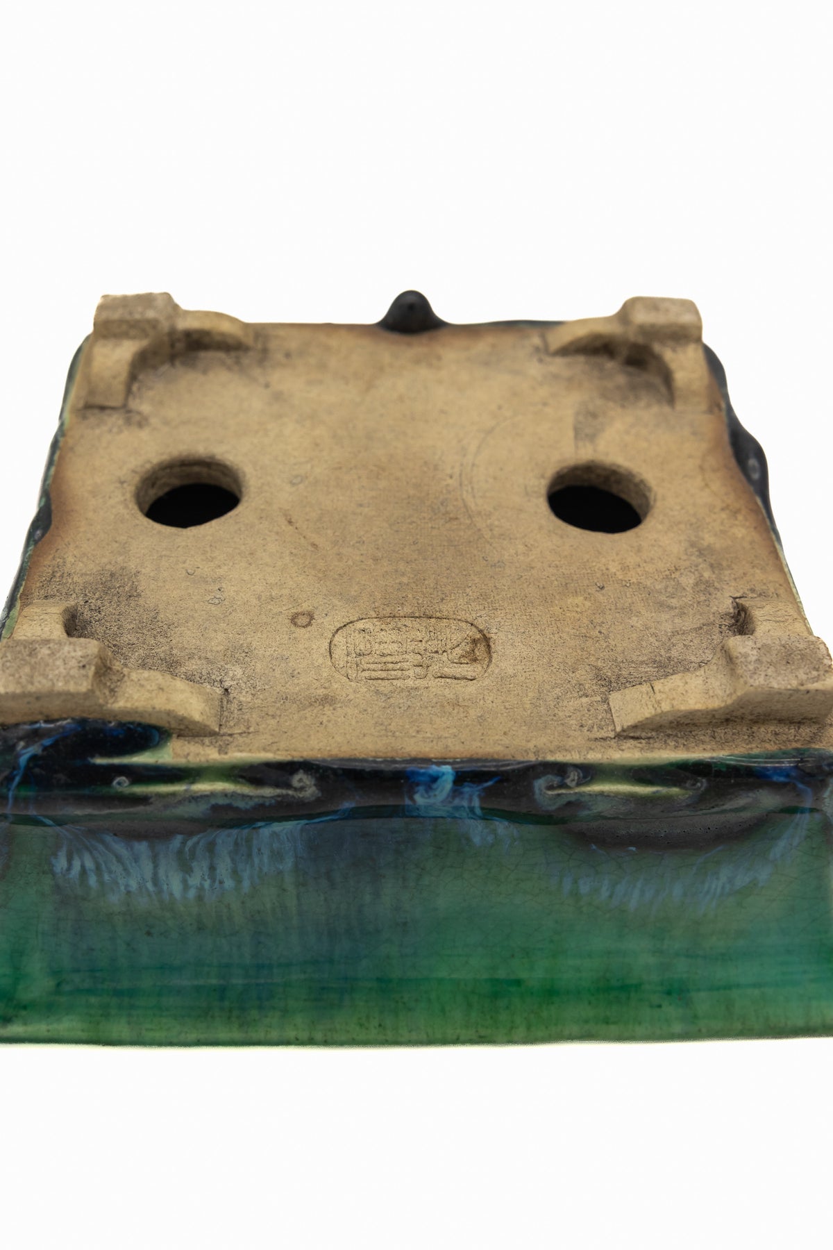 Small Rectangular Green Bushuan Japanese Bonsai Pot #561– Heavy Drip Glaze, Flared Rim, Precision Cut Feet, Deep Color