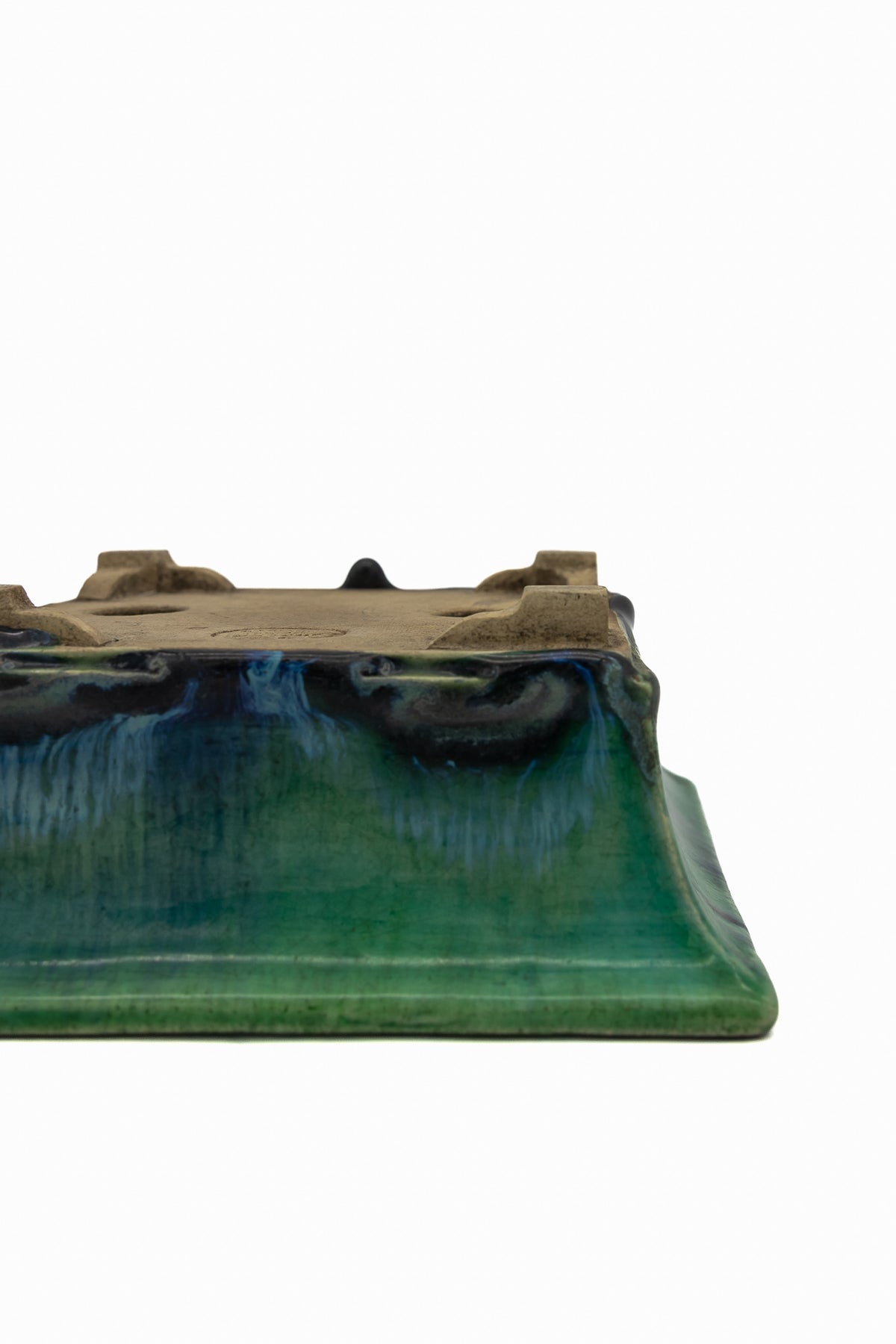 Small Rectangular Green Bushuan Japanese Bonsai Pot #561– Heavy Drip Glaze, Flared Rim, Precision Cut Feet, Deep Color