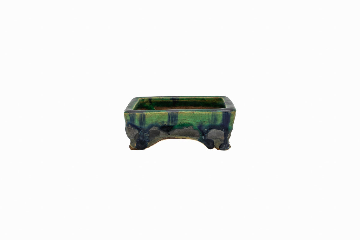Small Rectangular Green Bushuan Japanese Bonsai Pot – Heavy Drip Glaze, Hand Carved, Cloud Feet, Chop Mark
