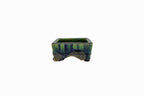 Small Rectangular Green Bushuan Japanese Bonsai Pot – Heavy Drip Glaze, Hand Carved, Cloud Feet, Chop Mark