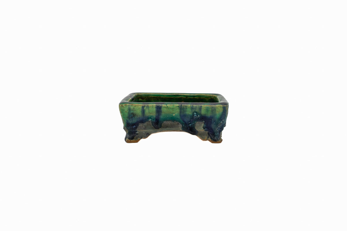 Small Rectangular Green Bushuan Japanese Bonsai Pot – Heavy Drip Glaze, Hand Carved, Cloud Feet, Chop Mark