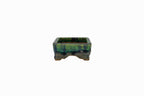 Small Rectangular Green Bushuan Japanese Bonsai Pot – Heavy Drip Glaze, Hand Carved, Cloud Feet, Chop Mark