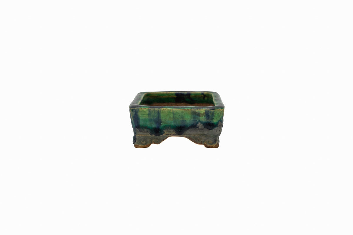 Small Rectangular Green Bushuan Japanese Bonsai Pot – Heavy Drip Glaze, Hand Carved, Cloud Feet, Chop Mark