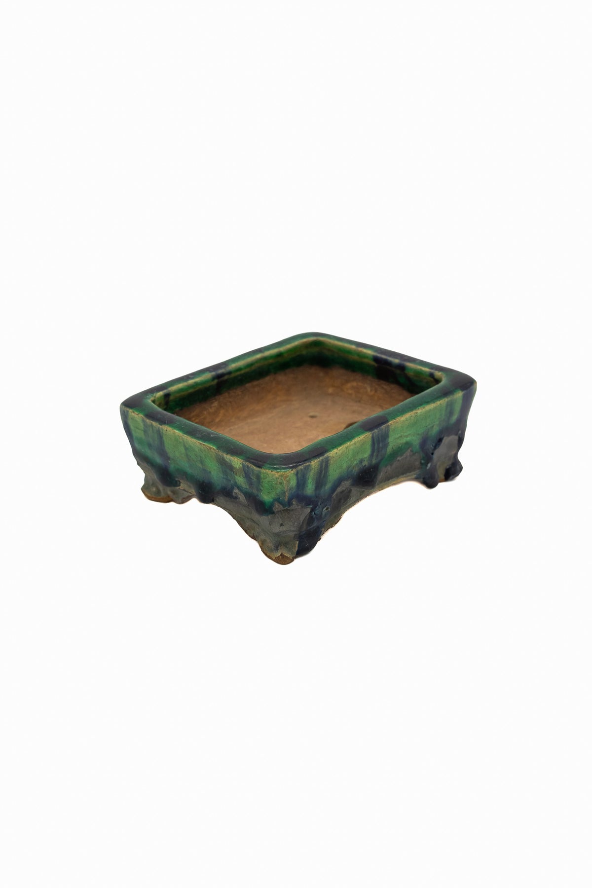 Small Rectangular Green Bushuan Japanese Bonsai Pot – Heavy Drip Glaze, Hand Carved, Cloud Feet, Chop Mark