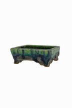 Small Rectangular Green Bushuan Japanese Bonsai Pot – Heavy Drip Glaze, Hand Carved, Cloud Feet, Chop Mark