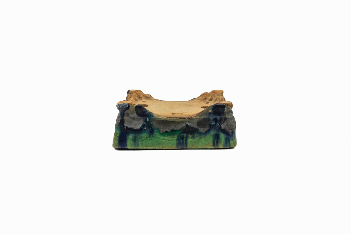 Small Rectangular Green Bushuan Japanese Bonsai Pot – Heavy Drip Glaze, Hand Carved, Cloud Feet, Chop Mark