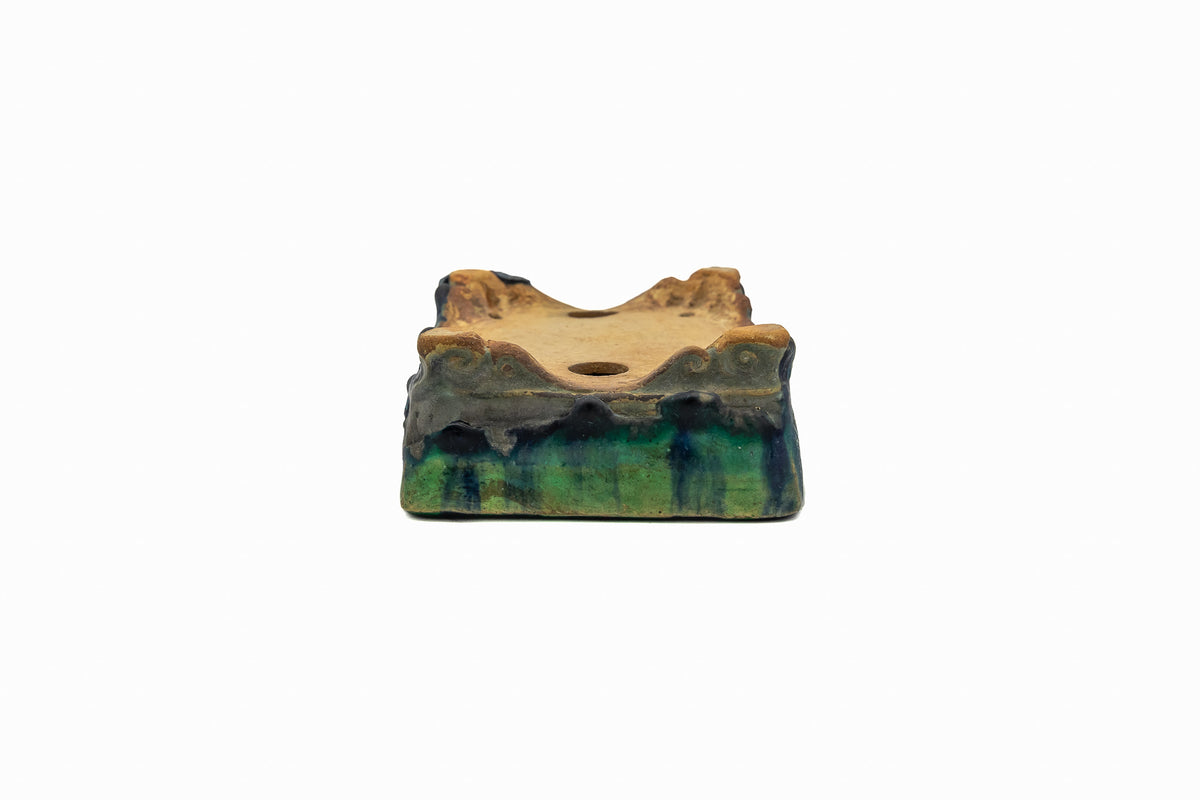 Small Rectangular Green Bushuan Japanese Bonsai Pot – Heavy Drip Glaze, Hand Carved, Cloud Feet, Chop Mark