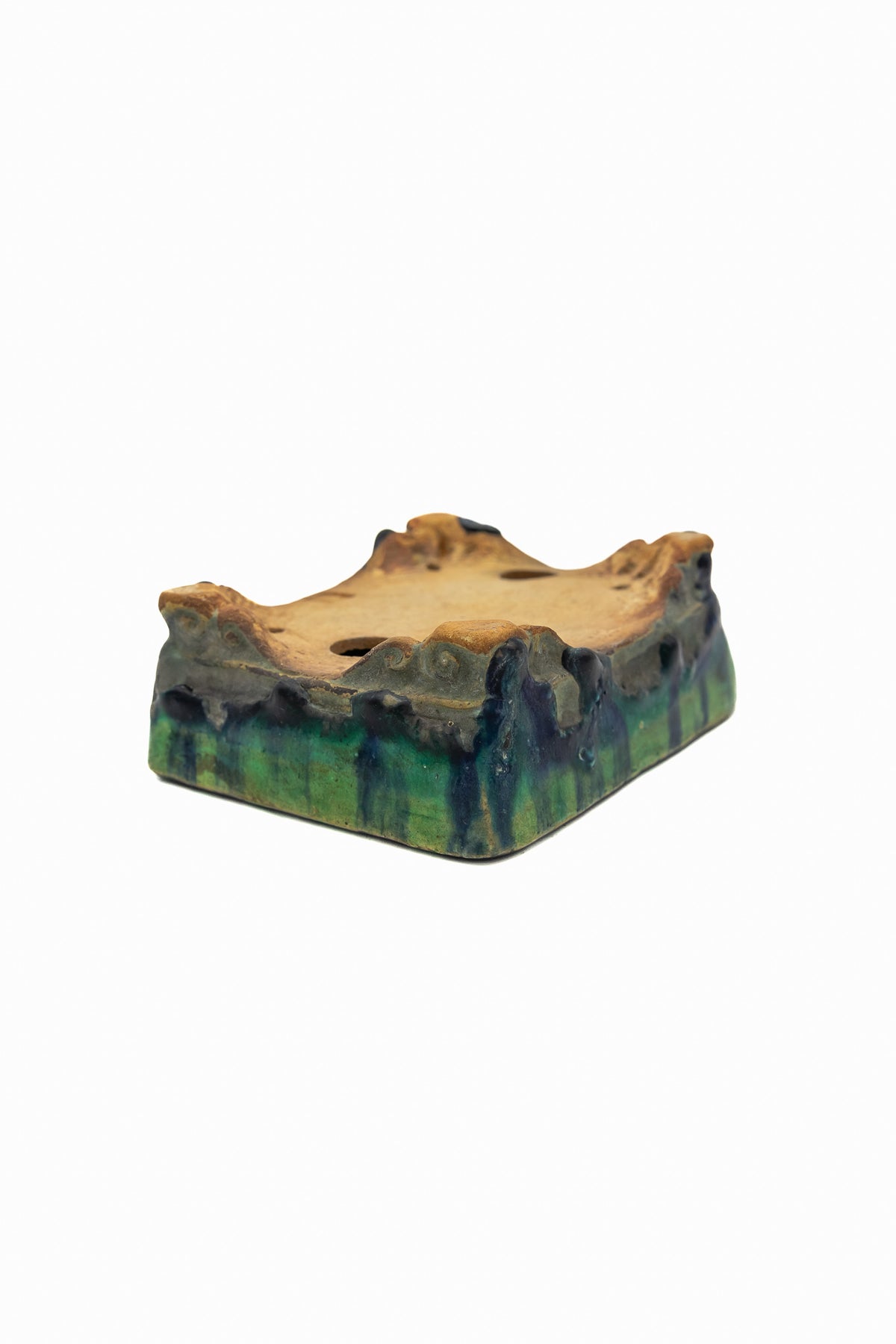 Small Rectangular Green Bushuan Japanese Bonsai Pot – Heavy Drip Glaze, Hand Carved, Cloud Feet, Chop Mark