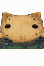 Small Rectangular Green Bushuan Japanese Bonsai Pot – Heavy Drip Glaze, Hand Carved, Cloud Feet, Chop Mark