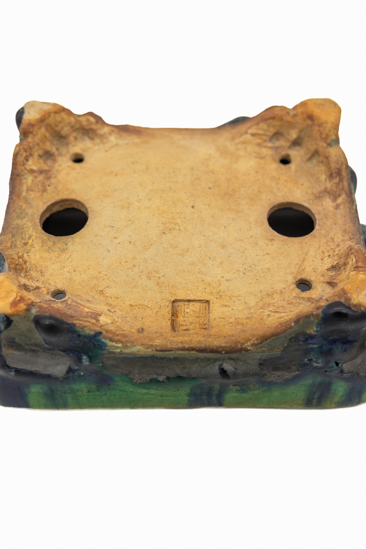 Small Rectangular Green Bushuan Japanese Bonsai Pot – Heavy Drip Glaze, Hand Carved, Cloud Feet, Chop Mark