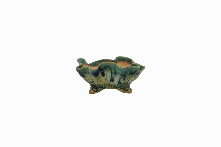 6.5x3x4 Inch Bushuan Bonsai Pot #606 – Etched Moisture Retention Lines, Green, Chop Mark