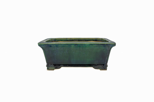 10.5x8.5x4 Inch Bushuan Rectangle Bonsai Pot #637 – Foo-Dog Motif, Oribe Green, Double Chop & Nail Signed