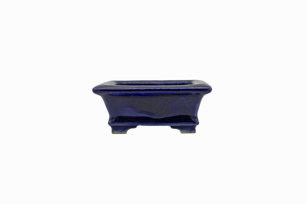 Small Rectangle Ruri Blue Bushuan Japanese Bonsai Pot – Heavy Drip Glaze, Flared Rim, Hand Carved, Chop Mark