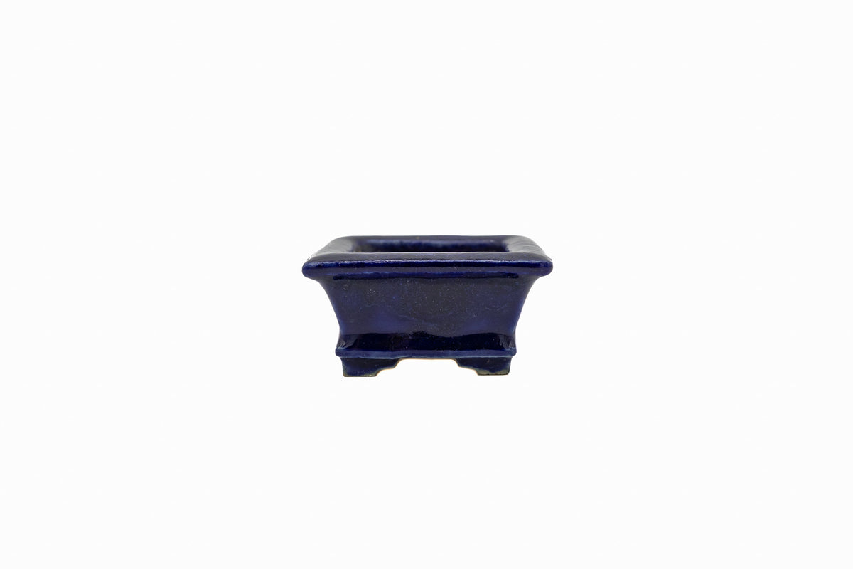 Small Rectangle Ruri Blue Bushuan Japanese Bonsai Pot – Heavy Drip Glaze, Flared Rim, Hand Carved, Chop Mark