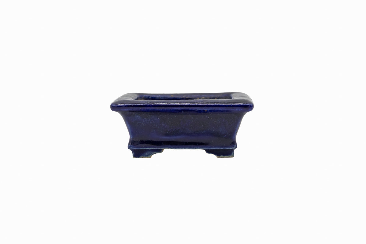 Small Rectangle Ruri Blue Bushuan Japanese Bonsai Pot – Heavy Drip Glaze, Flared Rim, Hand Carved, Chop Mark
