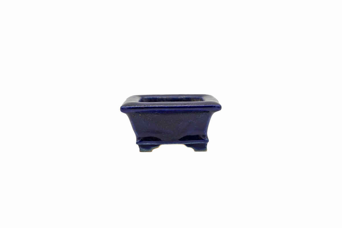 Small Rectangle Ruri Blue Bushuan Japanese Bonsai Pot – Heavy Drip Glaze, Flared Rim, Hand Carved, Chop Mark