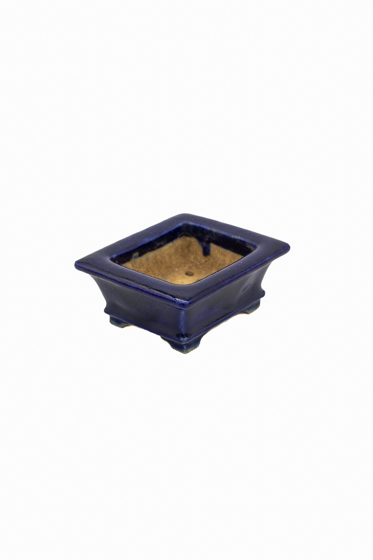 Small Rectangle Ruri Blue Bushuan Japanese Bonsai Pot – Heavy Drip Glaze, Flared Rim, Hand Carved, Chop Mark