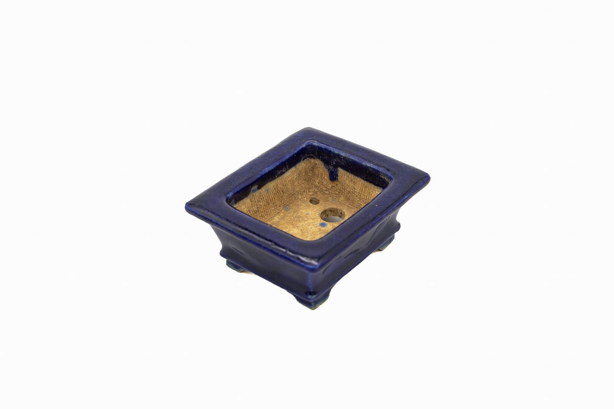 Small Rectangle Ruri Blue Bushuan Japanese Bonsai Pot – Heavy Drip Glaze, Flared Rim, Hand Carved, Chop Mark