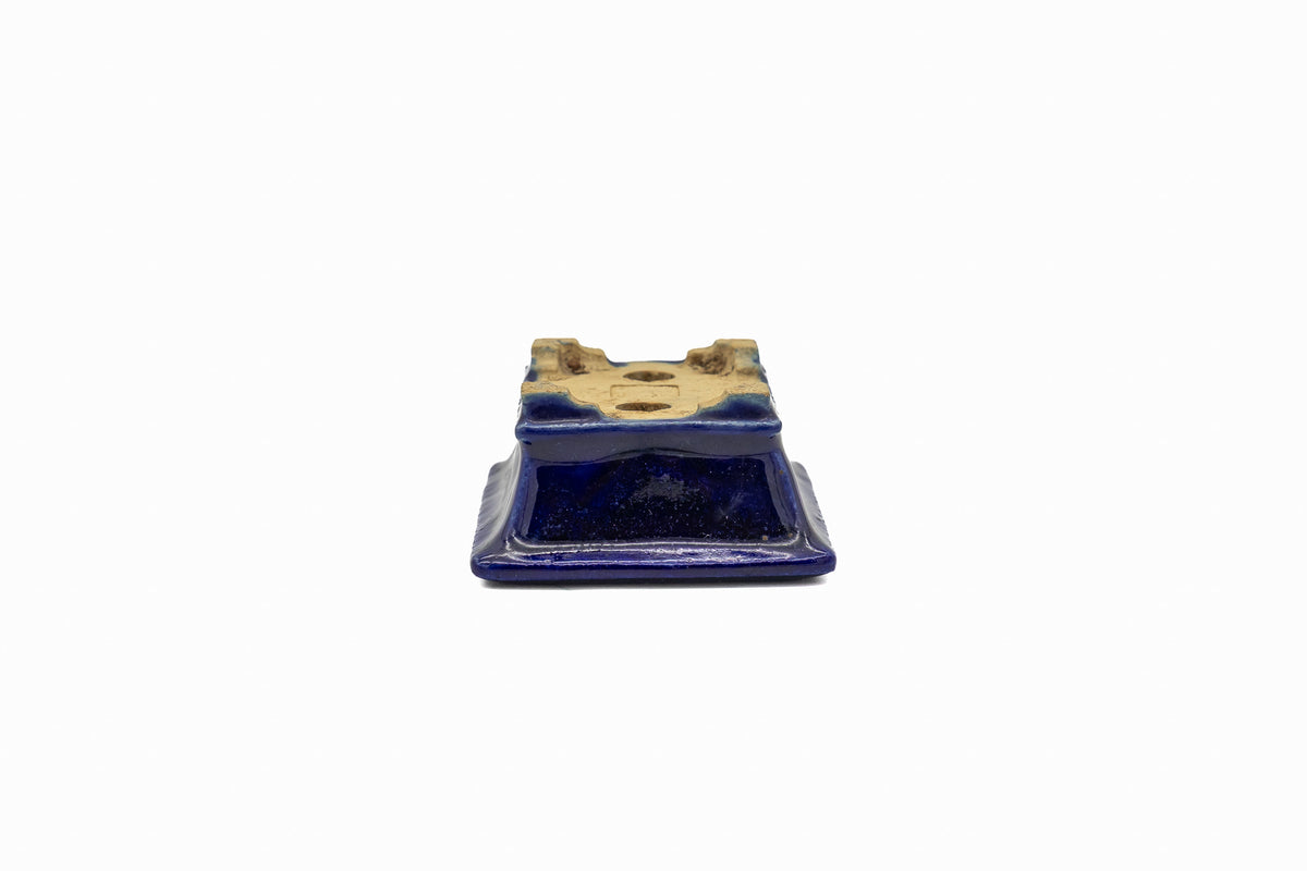 Small Rectangle Ruri Blue Bushuan Japanese Bonsai Pot – Heavy Drip Glaze, Flared Rim, Hand Carved, Chop Mark