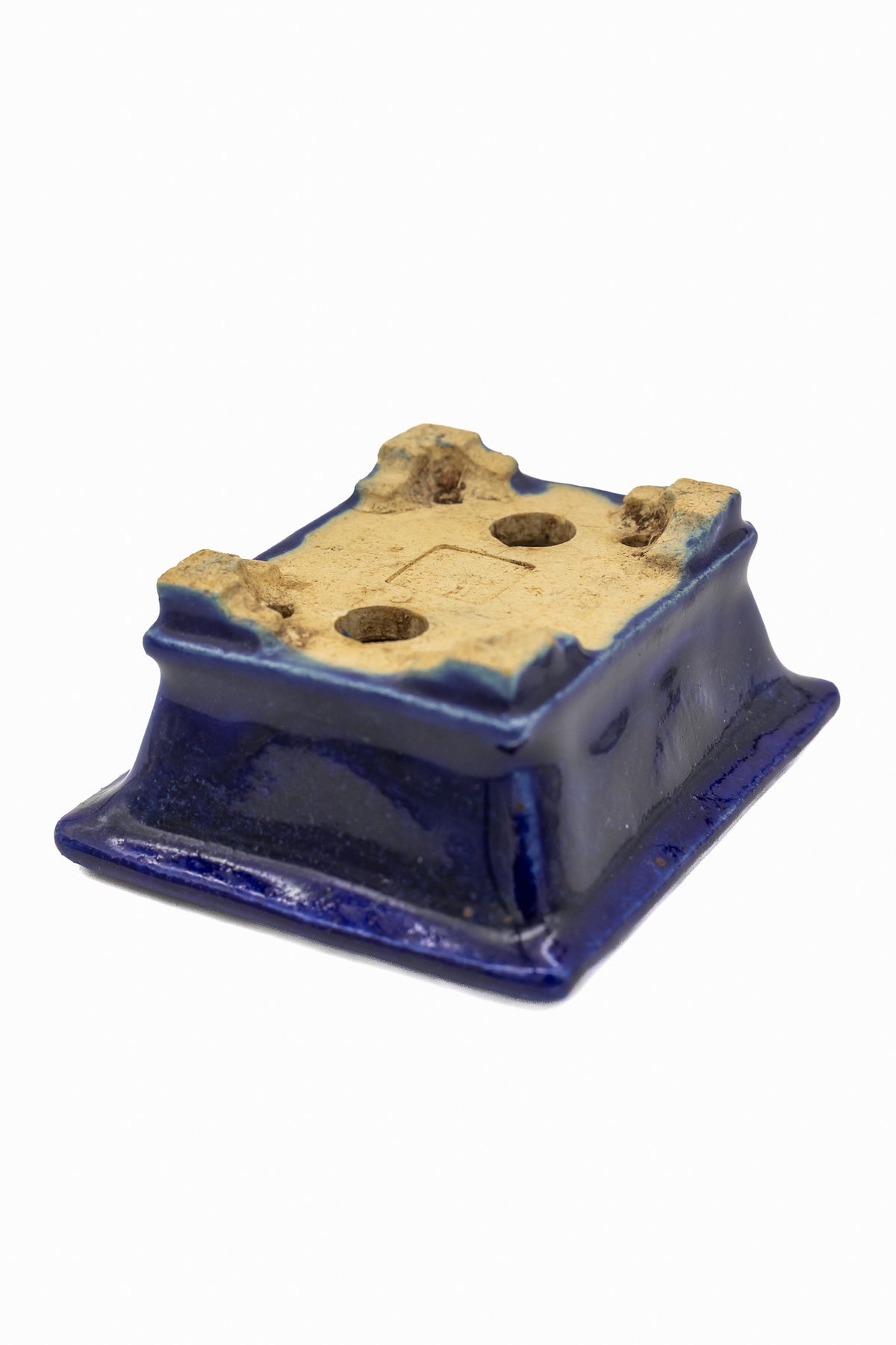 Small Rectangle Ruri Blue Bushuan Japanese Bonsai Pot – Heavy Drip Glaze, Flared Rim, Hand Carved, Chop Mark