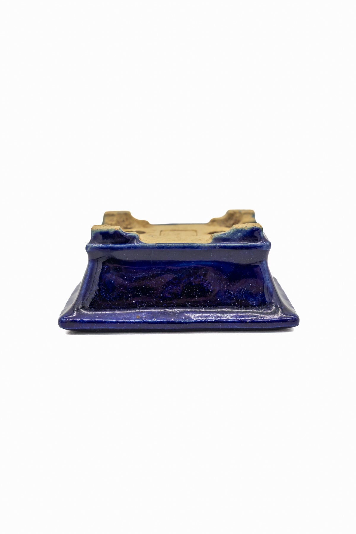 Small Rectangle Ruri Blue Bushuan Japanese Bonsai Pot – Heavy Drip Glaze, Flared Rim, Hand Carved, Chop Mark