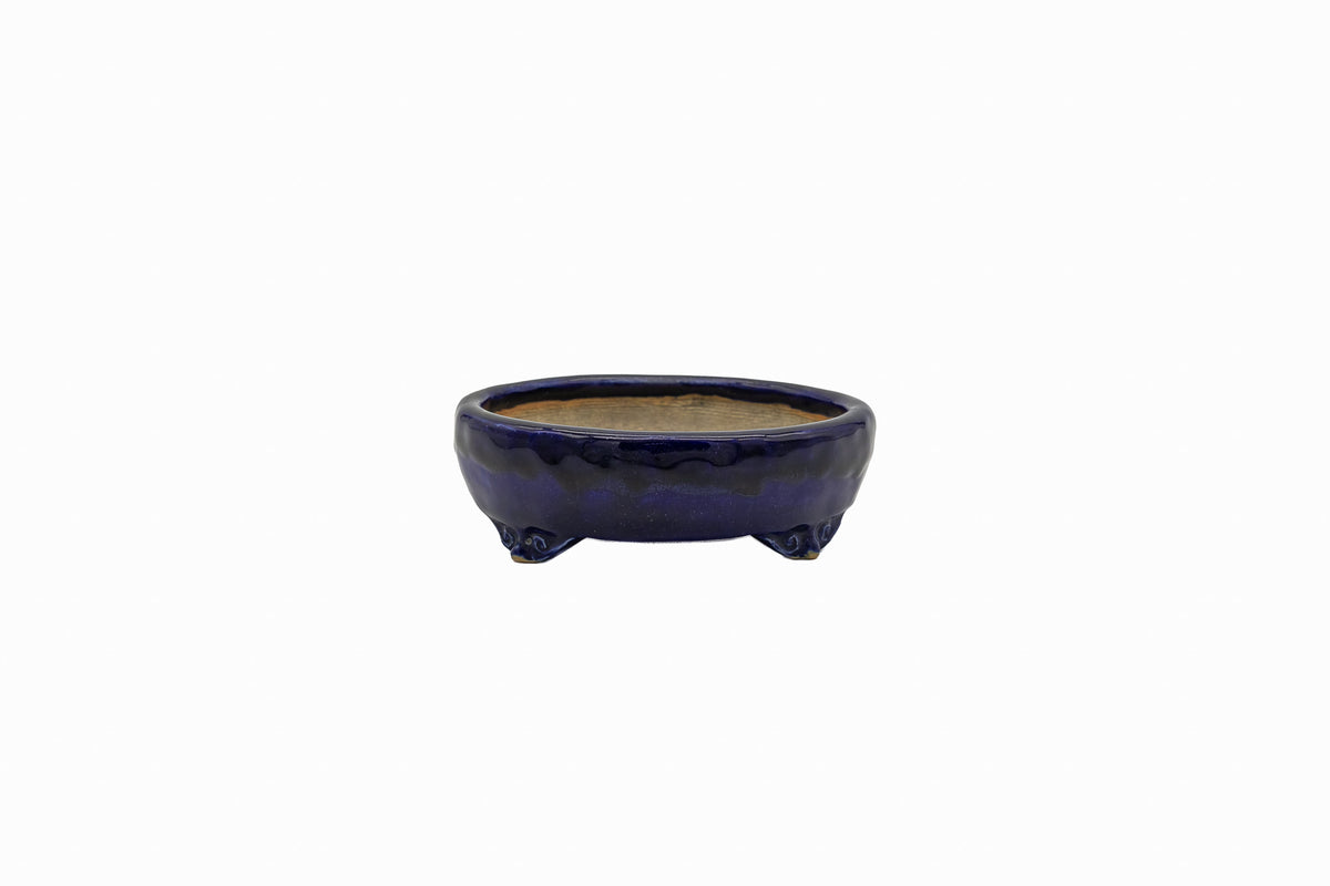 Small Rectangle Ruri Blue Glazed Japanese Bonsai Pot – Bushuan Kiln, Double Chop, Deep Glaze, Cloud Feet, Glazed Bottom