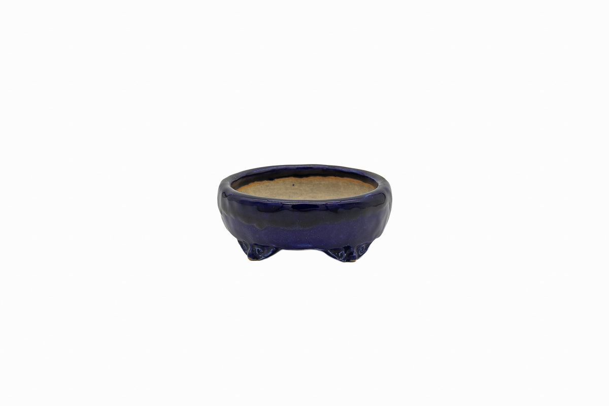 Small Rectangle Ruri Blue Glazed Japanese Bonsai Pot – Bushuan Kiln, Double Chop, Deep Glaze, Cloud Feet, Glazed Bottom