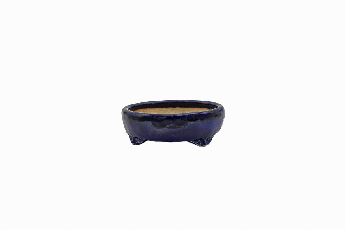 Small Rectangle Ruri Blue Glazed Japanese Bonsai Pot – Bushuan Kiln, Double Chop, Deep Glaze, Cloud Feet, Glazed Bottom