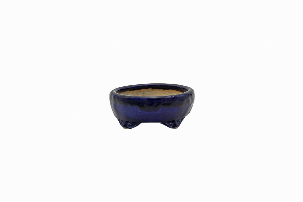 Small Rectangle Ruri Blue Glazed Japanese Bonsai Pot – Bushuan Kiln, Double Chop, Deep Glaze, Cloud Feet, Glazed Bottom